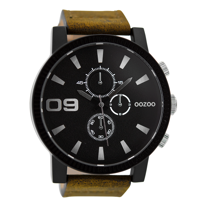 oozoo Zwarte OOZOO horloge met bruine leren band - C9033