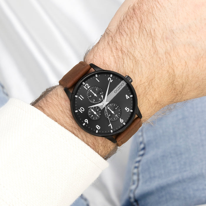 Oozoo Zwarte OOZOO Horloge Met Cognac Leren Band - C11307