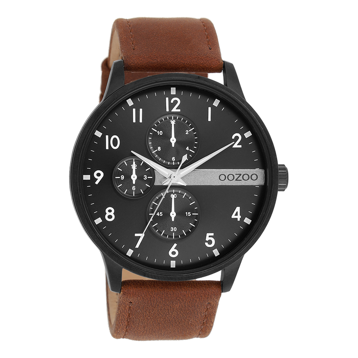 oozoo Zwarte OOZOO horloge met cognac leren band - C11307