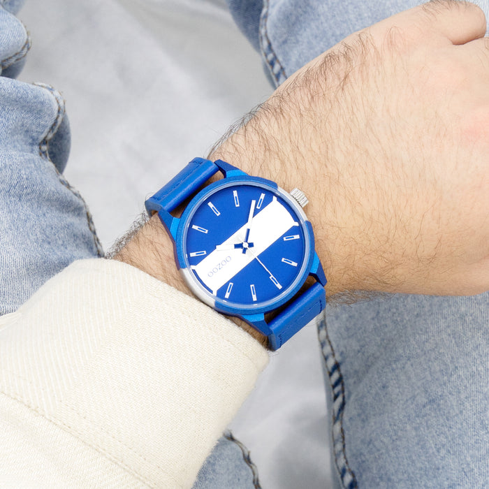 Oozoo Zwarte OOZOO Horloge Met Jeans Blauwe Leren Band - C11442