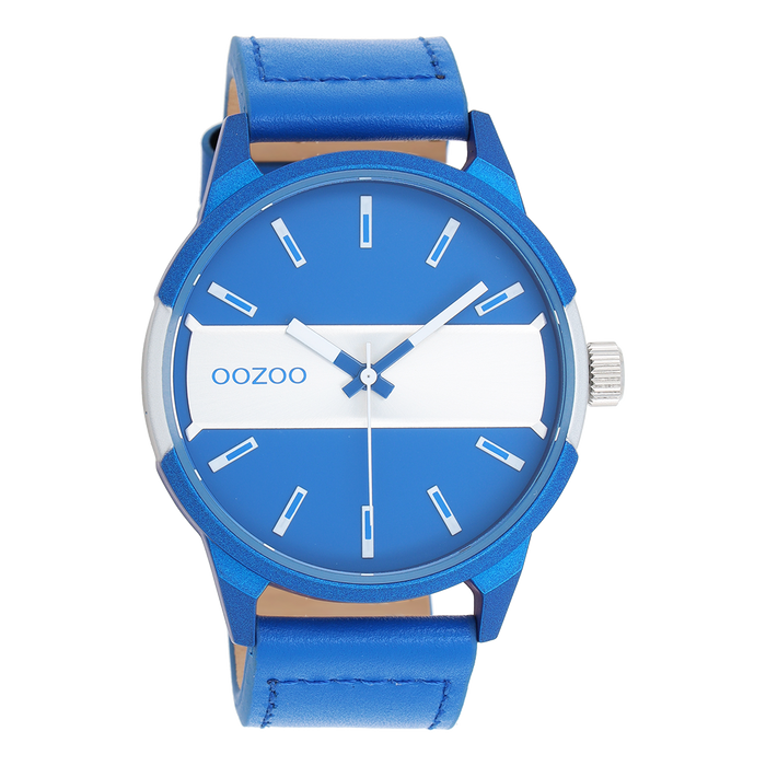 oozoo Zwarte OOZOO horloge met jeans blauwe leren band - C11442