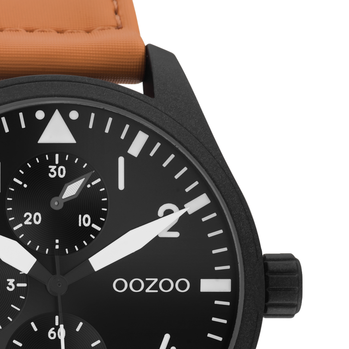 Oozoo Zwarte OOZOO Horloge Met Oranje Klittenband Polsband - C11007