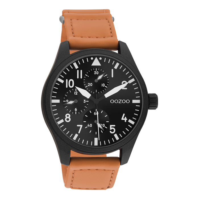 oozoo Zwarte OOZOO horloge met oranje klittenband polsband - C11007