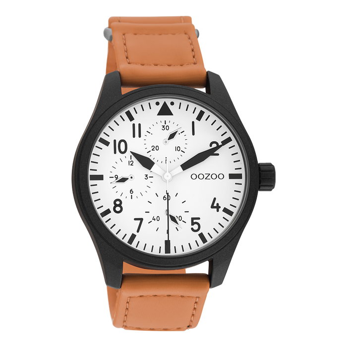 oozoo Zwarte OOZOO horloge met oranje klittenband polsband - C11005