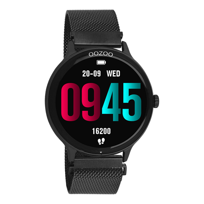 Oozoo Zwarte OOZOO Smartwatch Met Zwarte Metalen Mesh Armband - Q00139