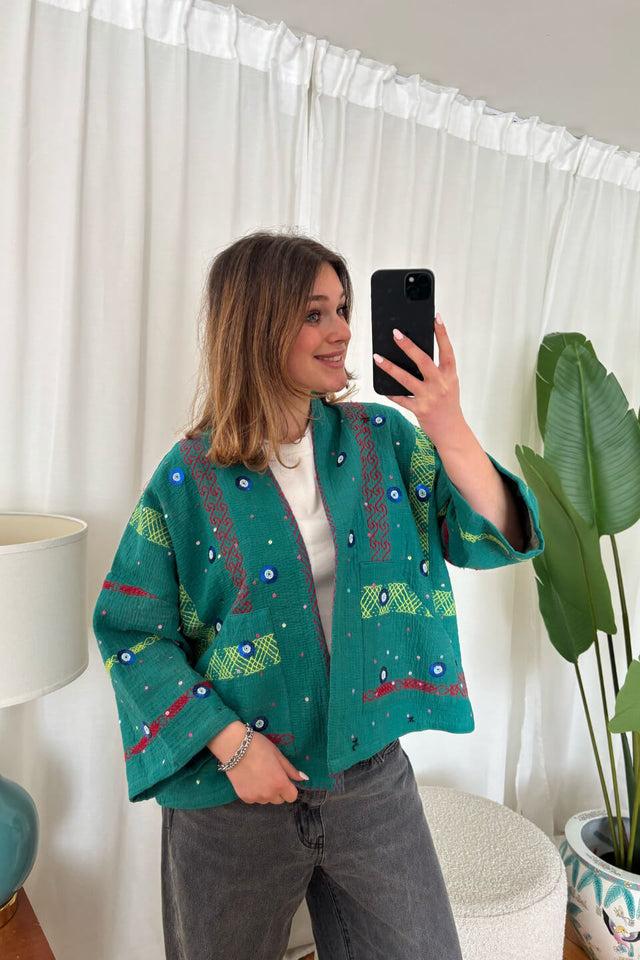 Orla Antwerp Tyler Handgemaakte Turquoise Evil Eye Kantha Jas