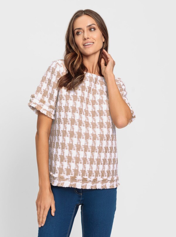Patrizia Dini By Heine Blouse Met Korte Mouwen En Pepitapatroon Ecru/camel/pepita