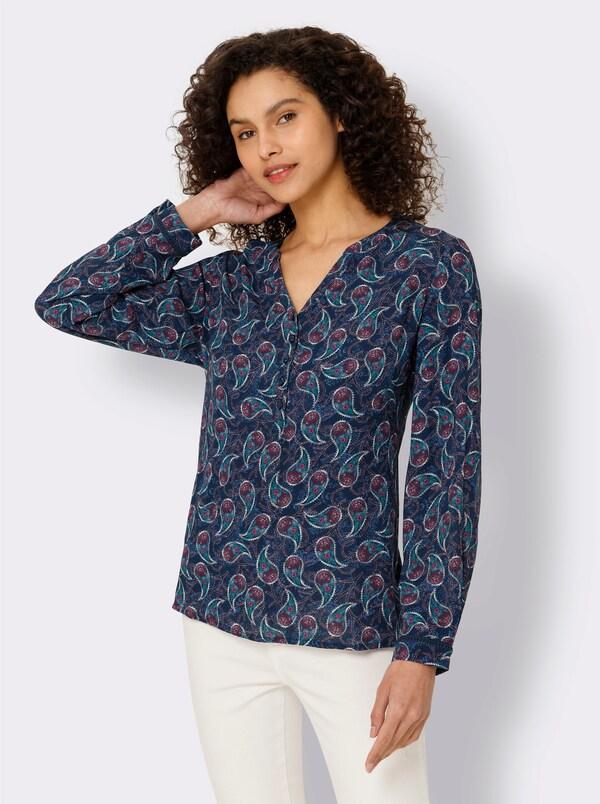 Patrizia Dini By Heine Blouse Met Lange Mouwen En Kantinzetten Donkerblauw/roze Bedrukt