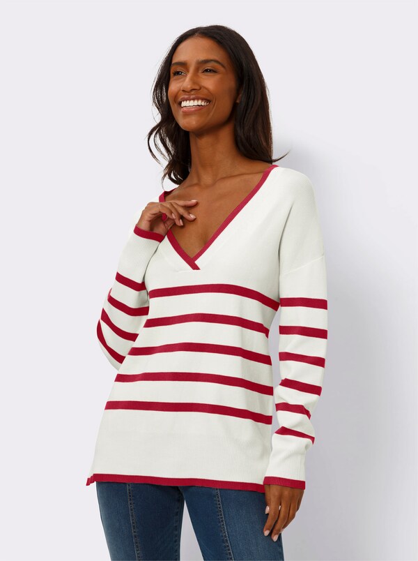 patrizia dini by heine Gestreepte pullover met V-hals rood/ecru gestreept