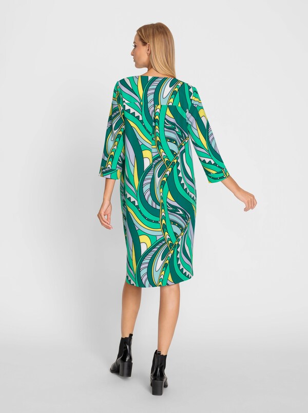 Patrizia Dini By Heine Geweven Jurk Met Naadzakken Grasgroen/champagne Bedrukt