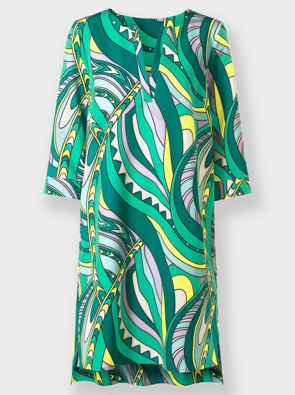 Patrizia Dini By Heine Geweven Jurk Met Naadzakken Grasgroen/champagne Bedrukt