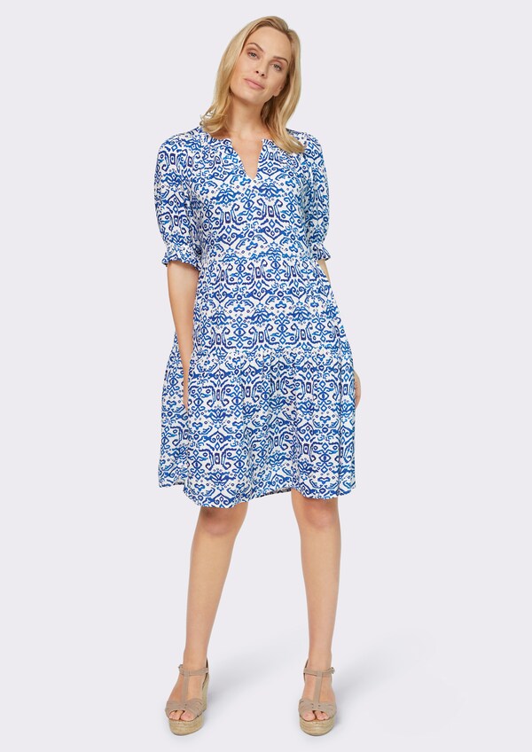 Patrizia Dini By Heine Geweven Jurk Met Volants Ecru/koningsblauw Gedessineerd