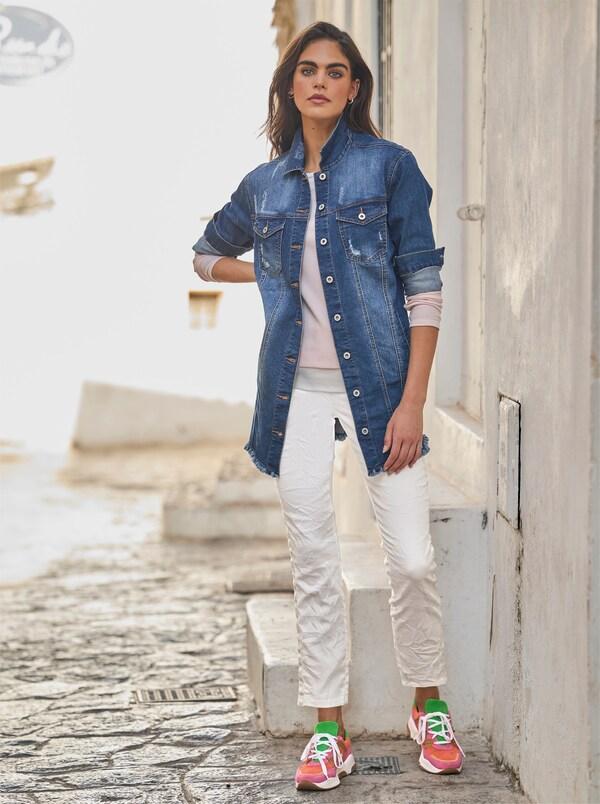 patrizia dini by heine Jeansjack met rand met franjes lang model blue-stonewashed