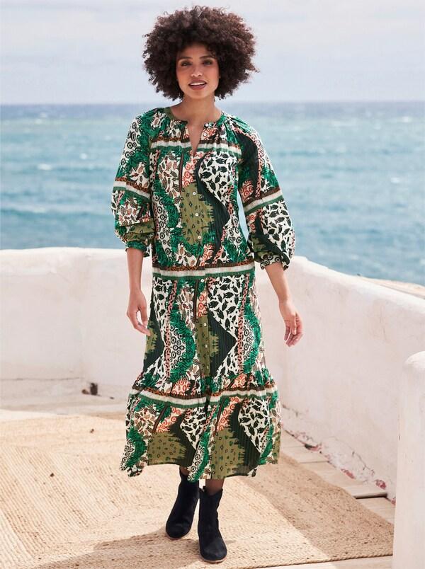 patrizia dini by heine Jurk met print en balllonmouwen marine/olijf bedrukt