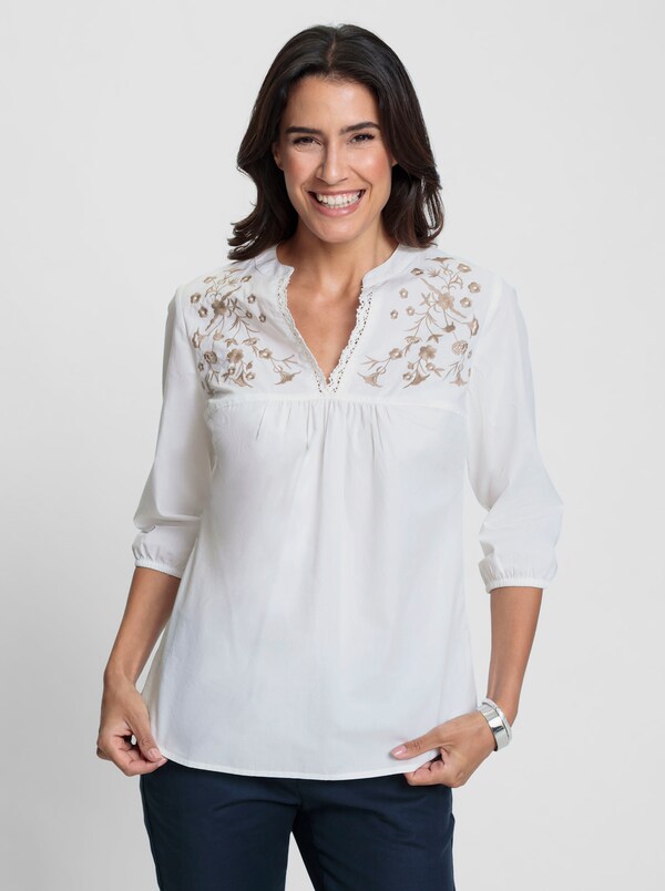 Patrizia Dini By Heine Katoenen Blouse Met Contrasterend Borduursel Ecru