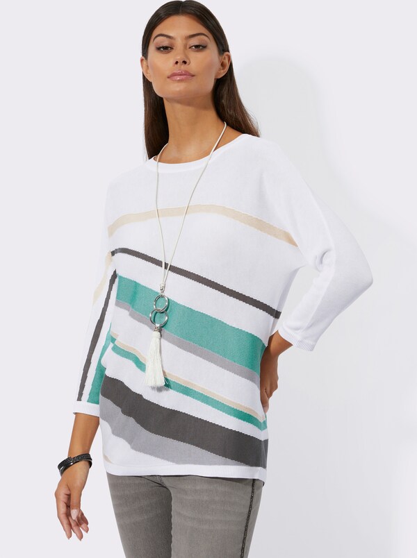 Patrizia Dini By Heine Pullover Met 3/4-mouwen En Grafisch Intarsiapatroon Ivoor/salie Bedrukt