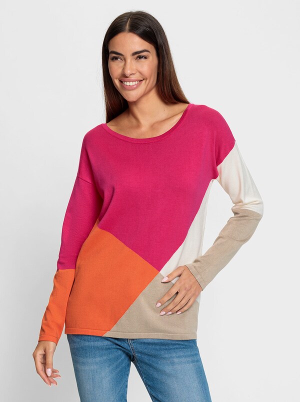 Patrizia Dini By Heine Pullover Van Fijntricot In Colour-blocking-dessin Oranje/pink Gedessineerd
