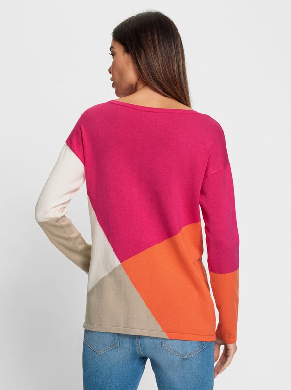 Patrizia Dini By Heine Pullover Van Fijntricot In Colour-blocking-dessin Oranje/pink Gedessineerd