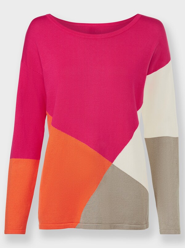 Patrizia Dini By Heine Pullover Van Fijntricot In Colour-blocking-dessin Oranje/pink Gedessineerd