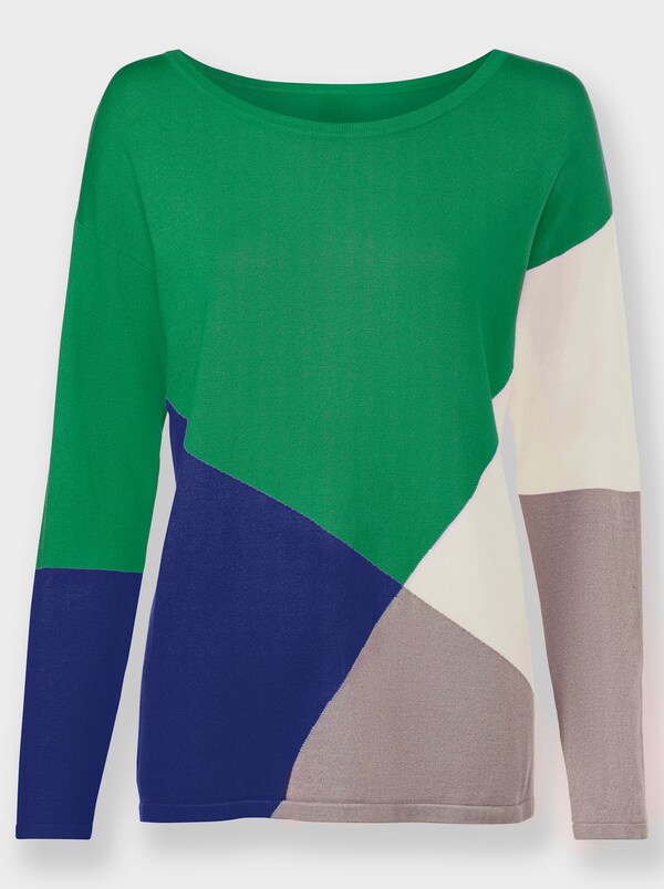 patrizia dini by heine Pullover van fijntricot in colour-blocking-dessin koningsblauw/grasgroen gedessineerd