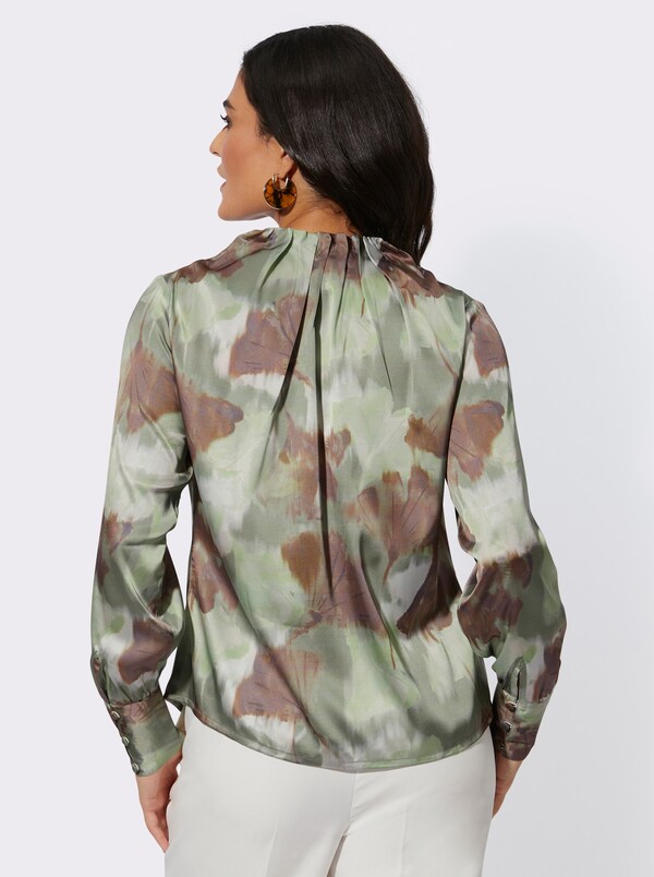 Patrizia Dini By Heine Satijnen Blouse Met Brede Knoopmanchetten Kaki/lindegroen Bedrukt