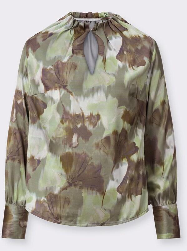 Patrizia Dini By Heine Satijnen Blouse Met Brede Knoopmanchetten Kaki/lindegroen Bedrukt