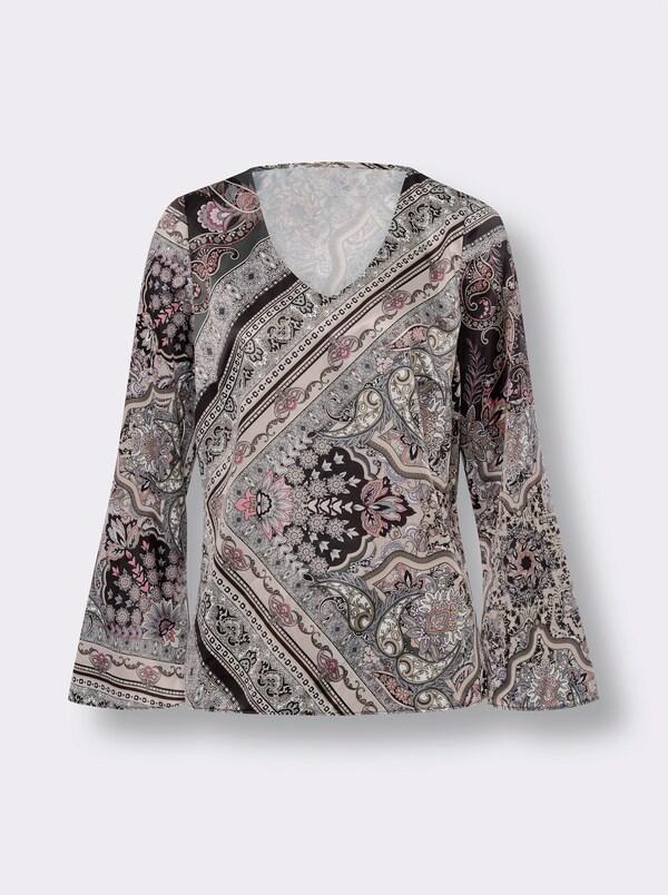 Patrizia Dini By Heine Satijnen Blouse Met Trompetmouwen Grafiet/camel Bedrukt