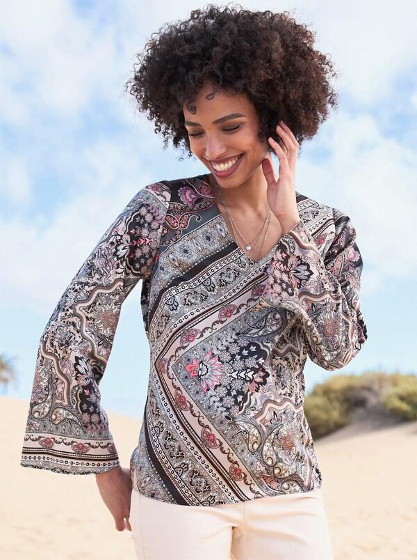 patrizia dini by heine Satijnen blouse met trompetmouwen grafiet/camel bedrukt