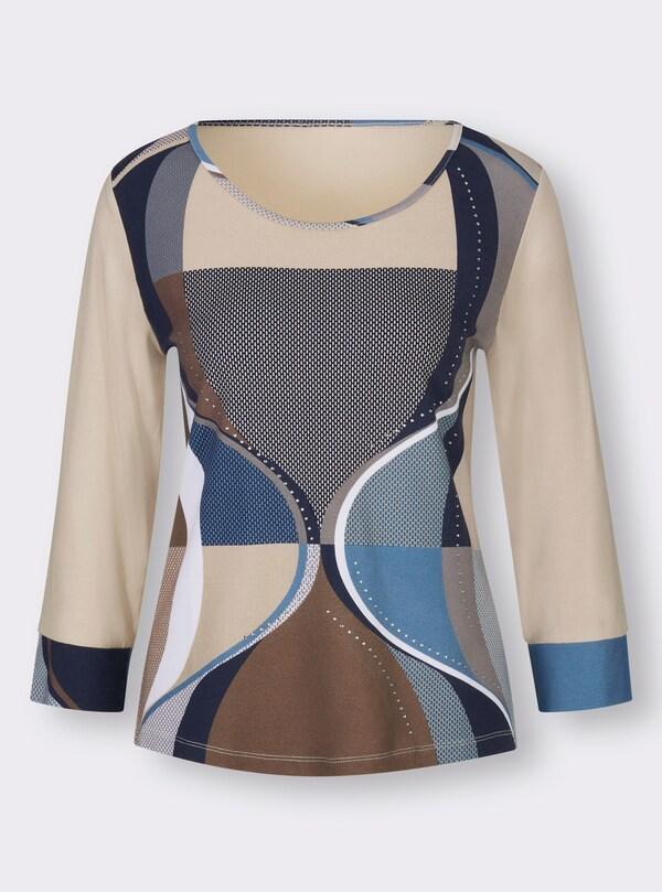 Patrizia Dini By Heine Shirt Met 3/4-mouwen En Glittersteentjes Marine/middenblauw Bedrukt