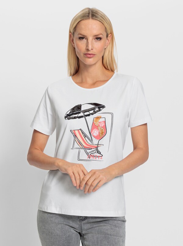 Patrizia Dini By Heine Shirt Met Korte Mouw Pailletten En Glittersteentjes Wit/koraal Bedrukt