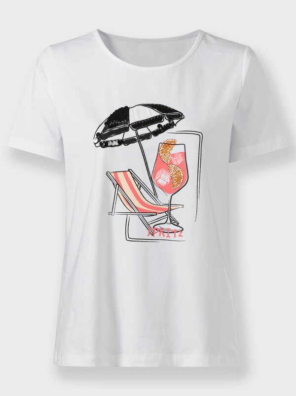 Patrizia Dini By Heine Shirt Met Korte Mouw Pailletten En Glittersteentjes Wit/koraal Bedrukt