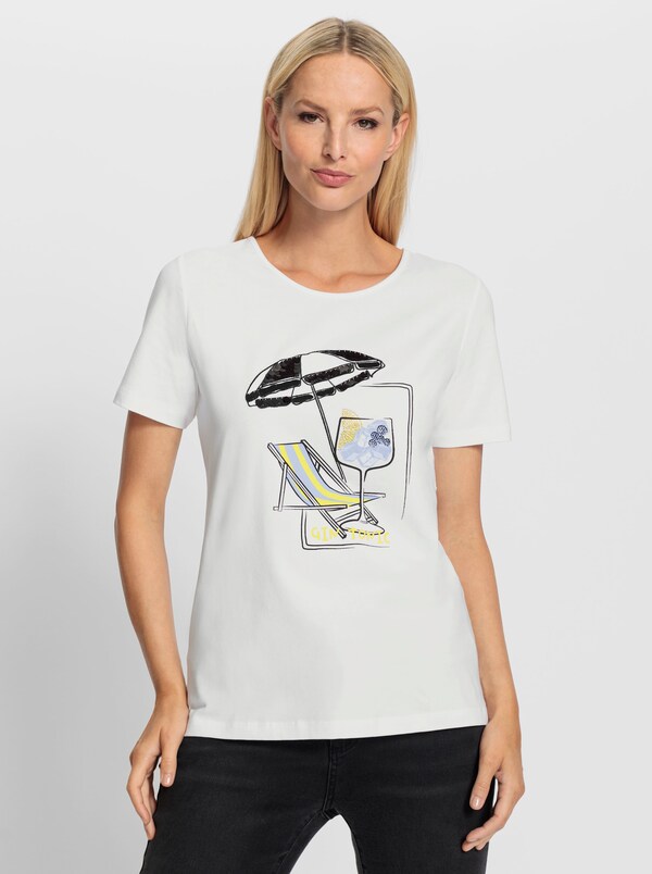 Patrizia Dini By Heine Shirt Met Korte Mouw Pailletten En Glittersteentjes Wit/marine Geprint