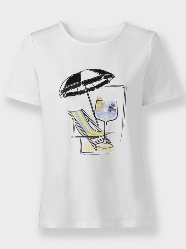 Patrizia Dini By Heine Shirt Met Korte Mouw Pailletten En Glittersteentjes Wit/marine Geprint