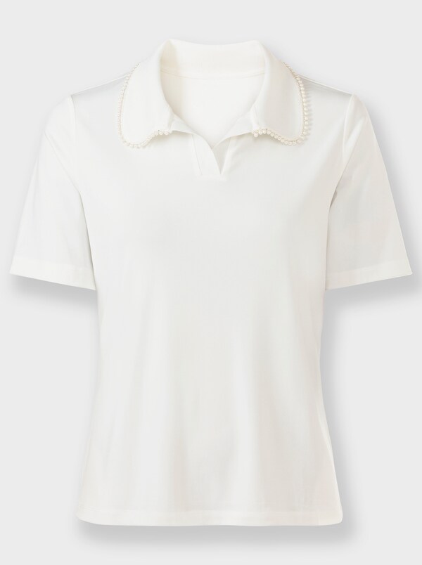 Patrizia Dini By Heine Shirt Met Korte Mouwen En Sierkralen Op De Polokraag Ecru