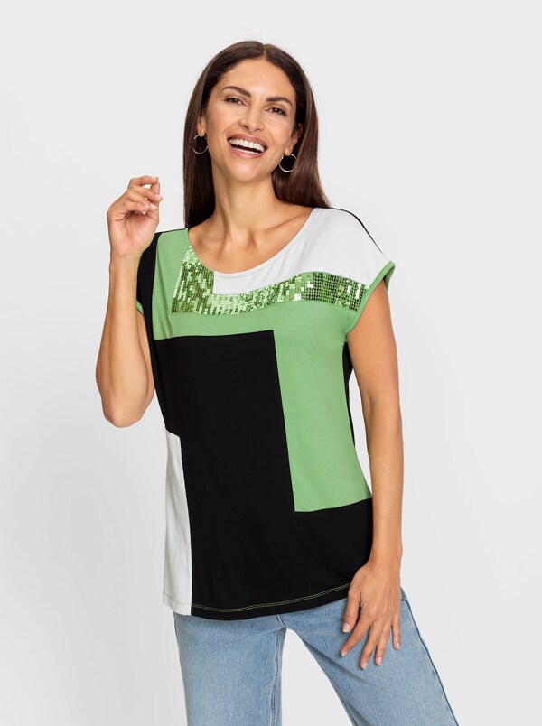 Patrizia Dini By Heine Shirt Met Ronde Hals En Pailletten Voor Zwart/appelgroen Gedessineerd