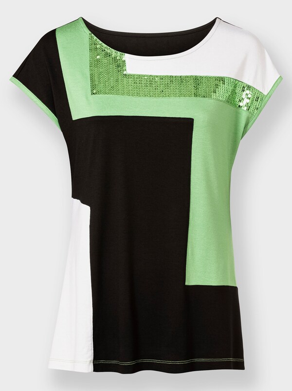 Patrizia Dini By Heine Shirt Met Ronde Hals En Pailletten Voor Zwart/appelgroen Gedessineerd