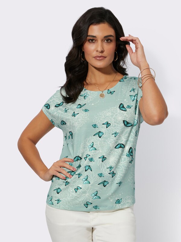 Patrizia Dini By Heine Shirt Met Ronde Hals In Vlinderdessin Kalkmint/salie Bedrukt