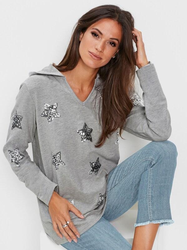 Patrizia Dini By Heine Sweatshirt Met Capuchon En Sterren Van Pailletten Lichtgrijs/zilverkleurig Gedessineerd
