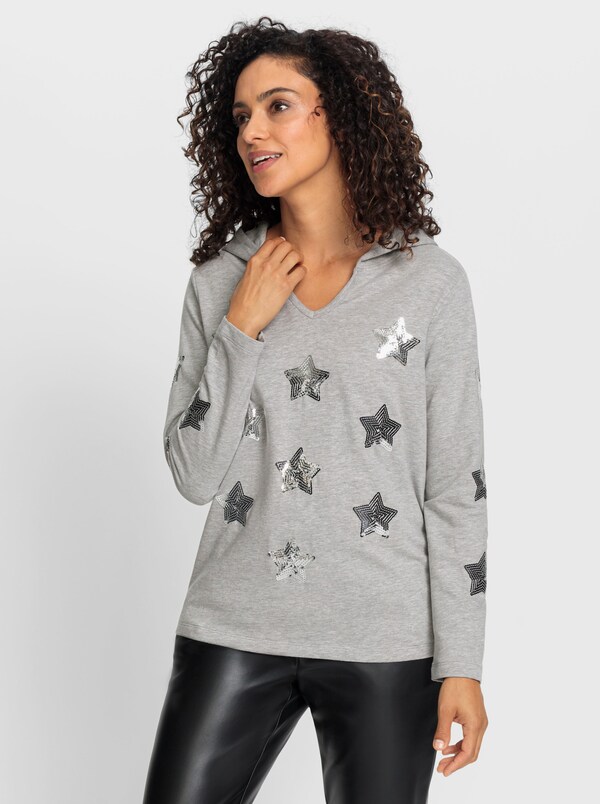 patrizia dini by heine Sweatshirt met capuchon en sterren van pailletten lichtgrijs/zilverkleurig gedessineerd