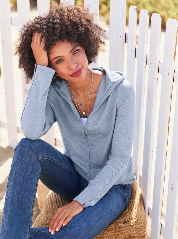 patrizia dini by heine Vest met capuchon van fijntricot bleu gemêleerd