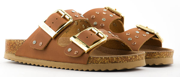 Paul Warmer COLORS OF CALIFORNIA TWO BUCKLE LEATHER STRASS BROWN