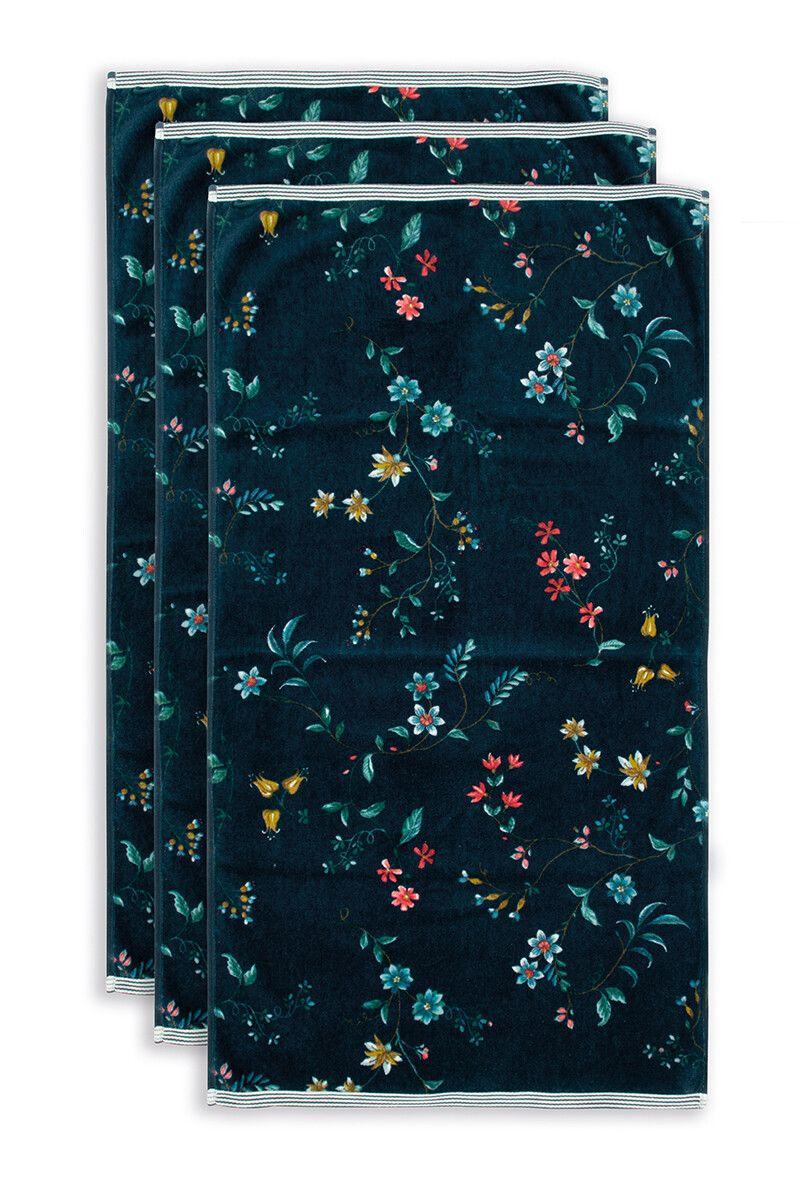 pip studio Badhanddoek Set/3 Les Fleurs Donkerblauw 55x100 cm Blauw