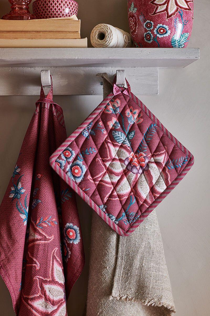 Pip Studio Flower Festival Pannenlap Vierkant Donkerroze Blauw