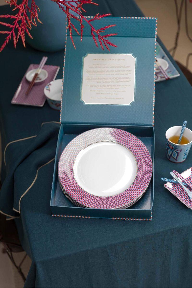 Pip Studio Flower Festival Set/4 Dinerborden Rood/Lichtblauw 26.5cm