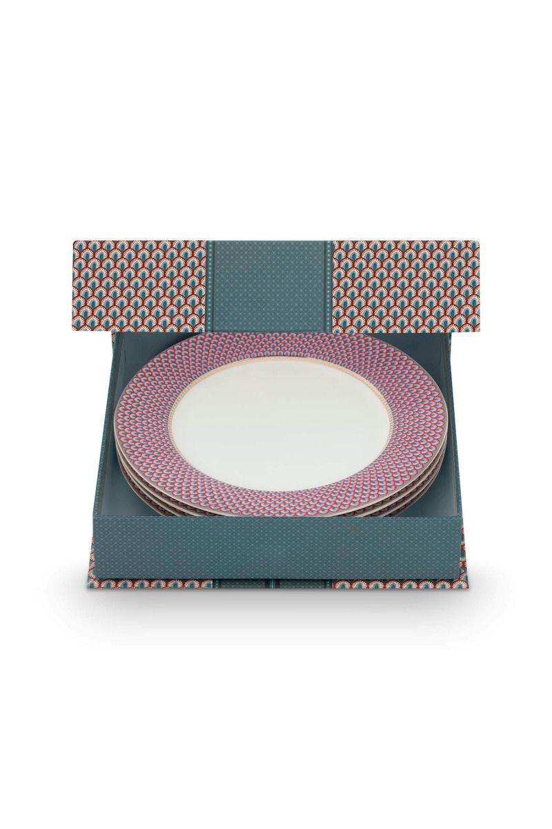 pip studio Flower Festival Set/4 Dinerborden Rood/Lichtblauw 26.5cm