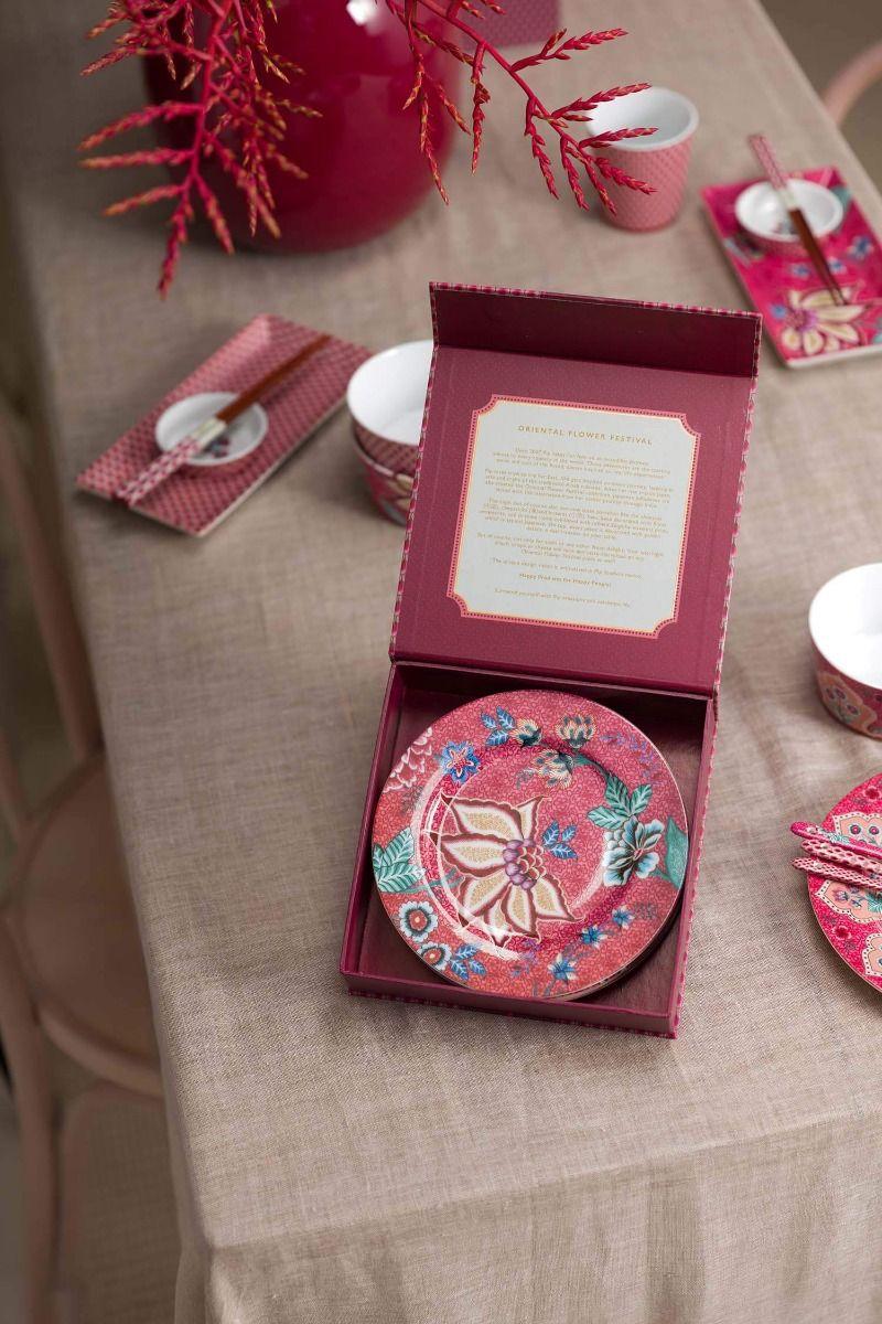 Pip Studio Flower Festival Set/4 Gebaksborden Donkerroze 17cm Blauw