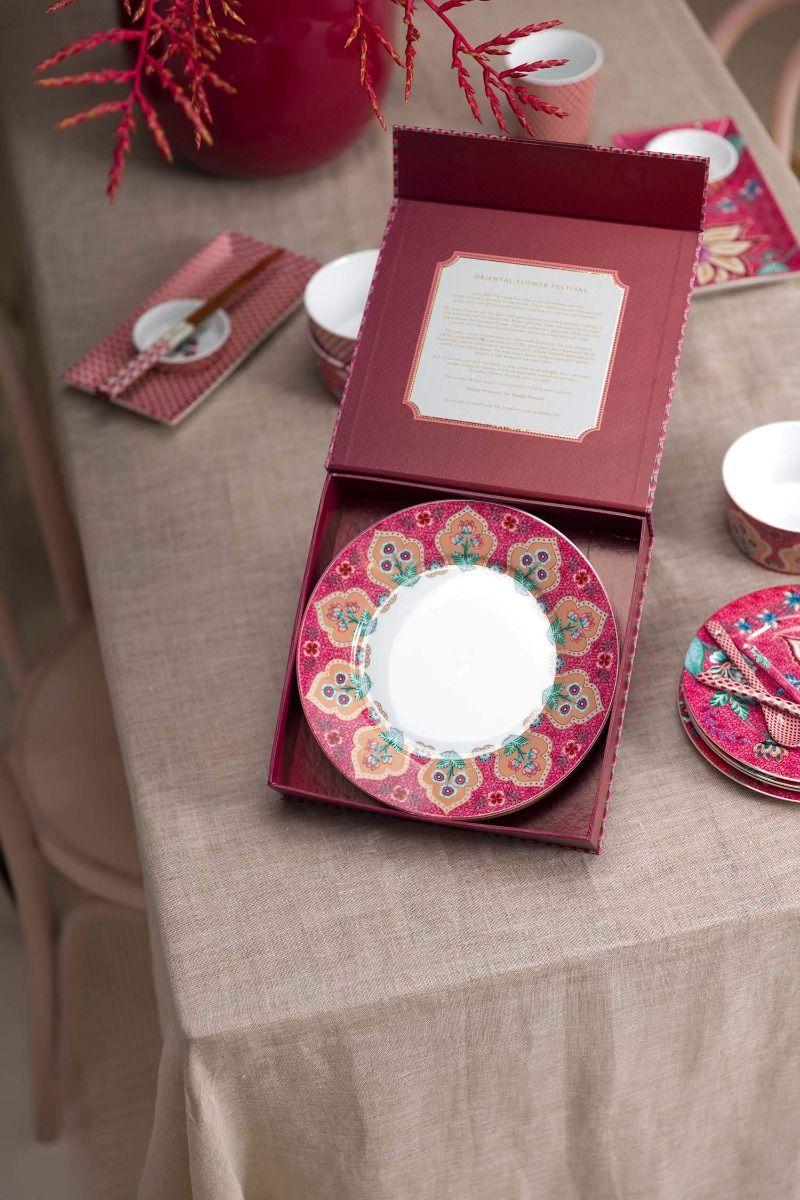 Pip Studio Flower Festival Set/4 Ontbijtborden Donkerroze 21cm Blauw