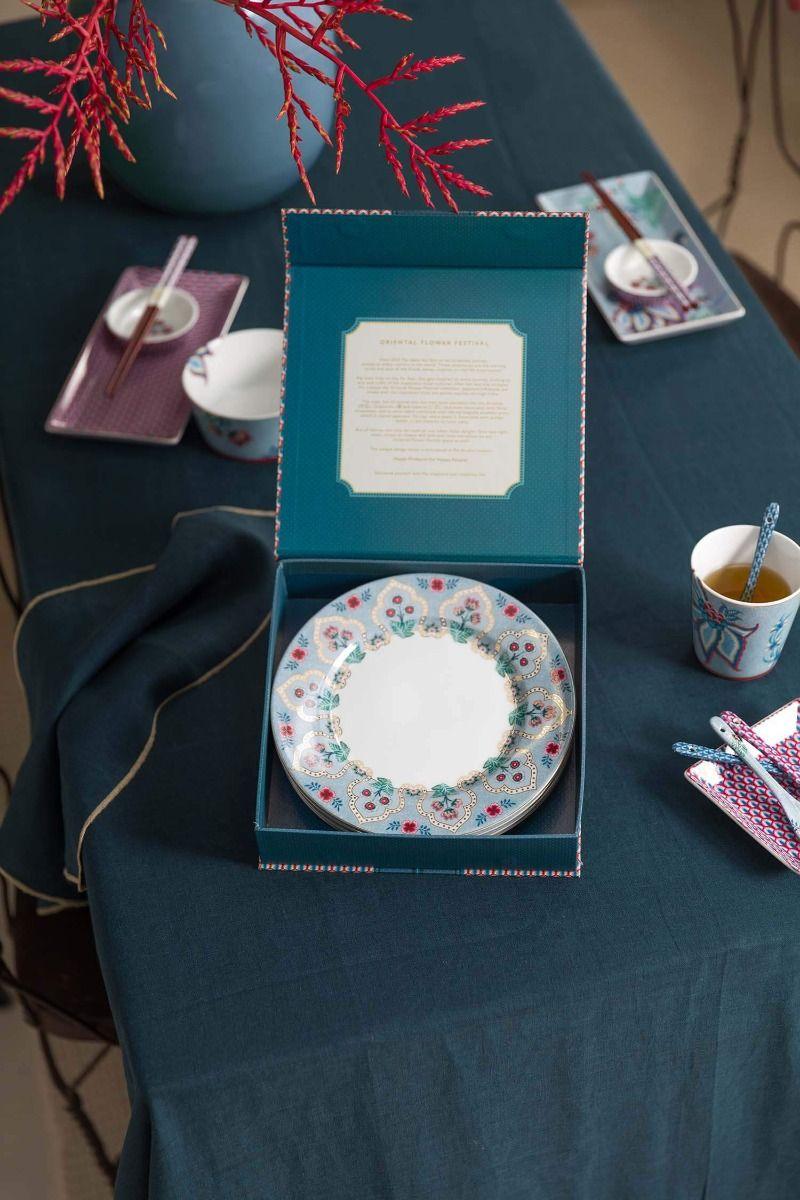 Pip Studio Flower Festival Set/4 Ontbijtborden Lichtblauw 21cm Blauw