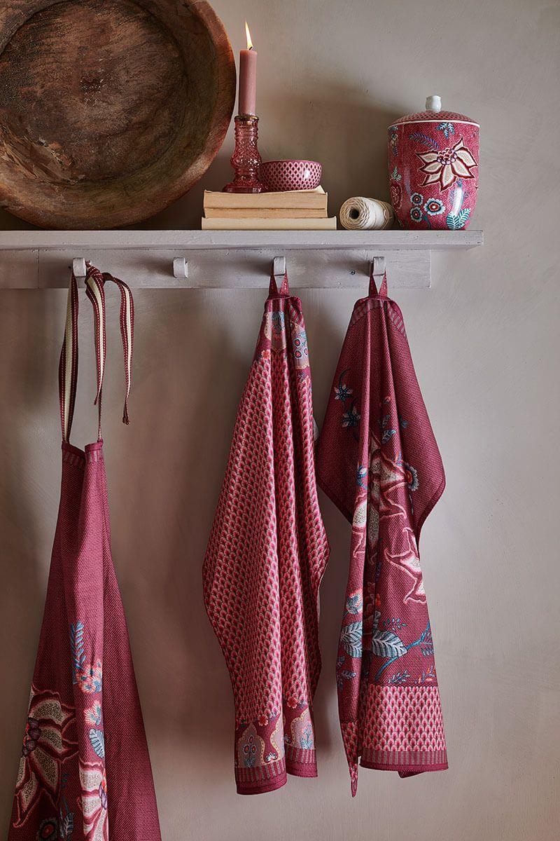 Pip Studio Flower Festival Theedoek Rood/Donkerroze Blauw