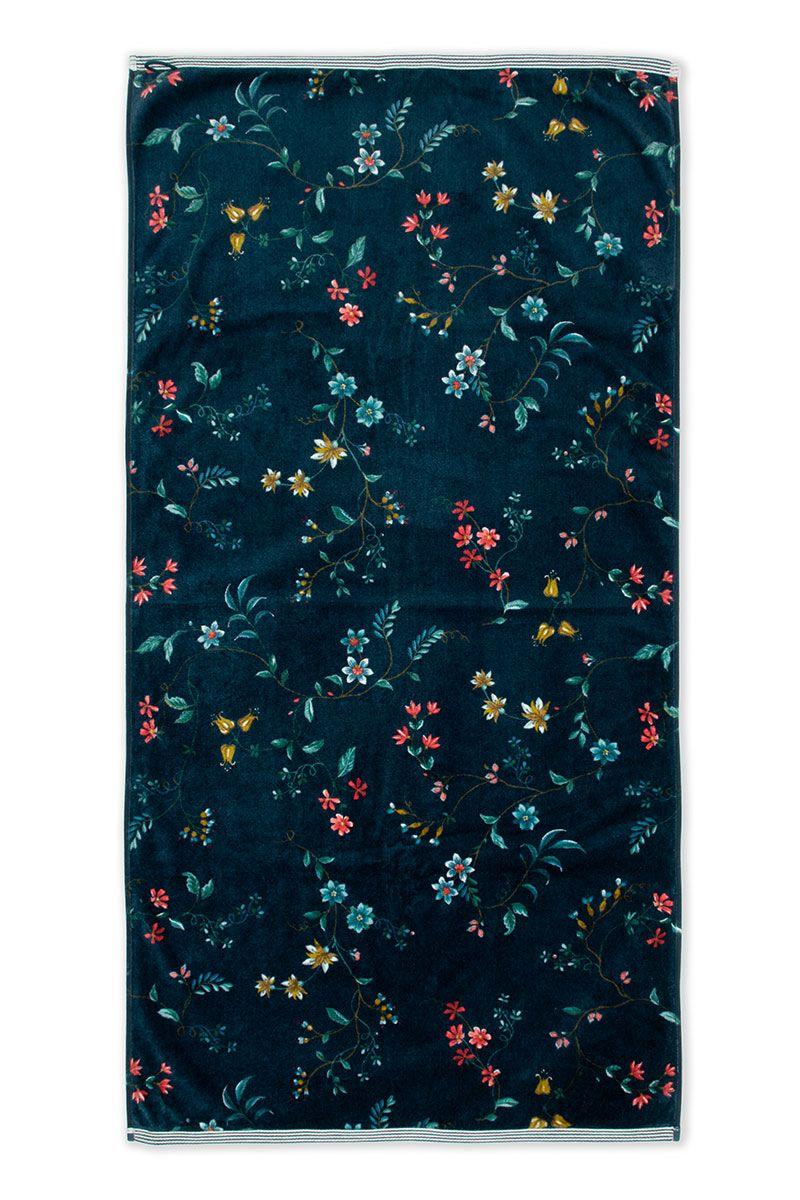 pip studio Grote Handdoek Les Fleurs Donkerblauw 70x140 cm Wit